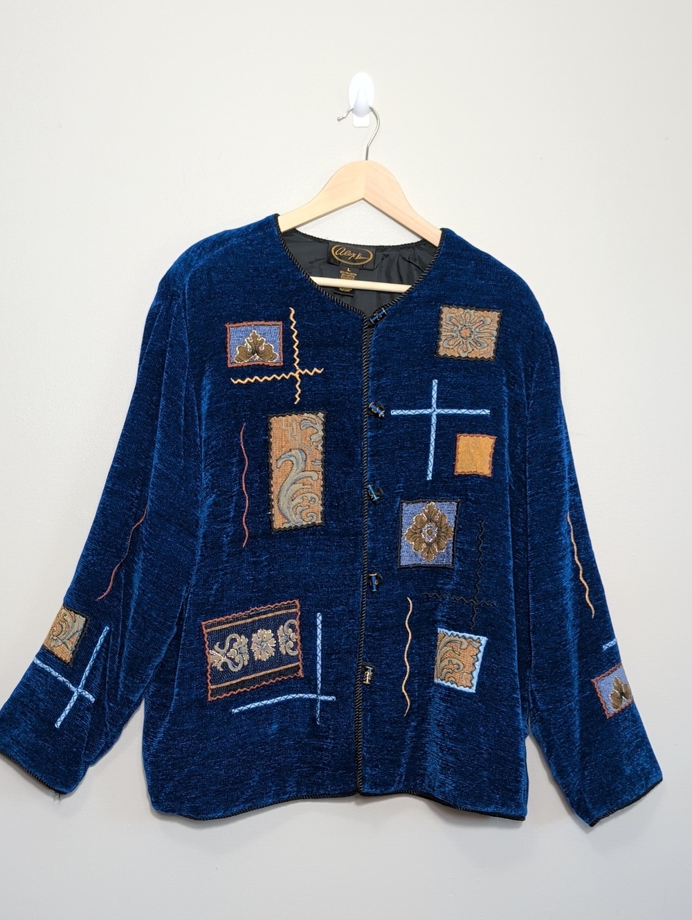 Vtg 90s Alex Kim Blue Chenille Patchwork Embroidered Jacket Celestial Artsy LG